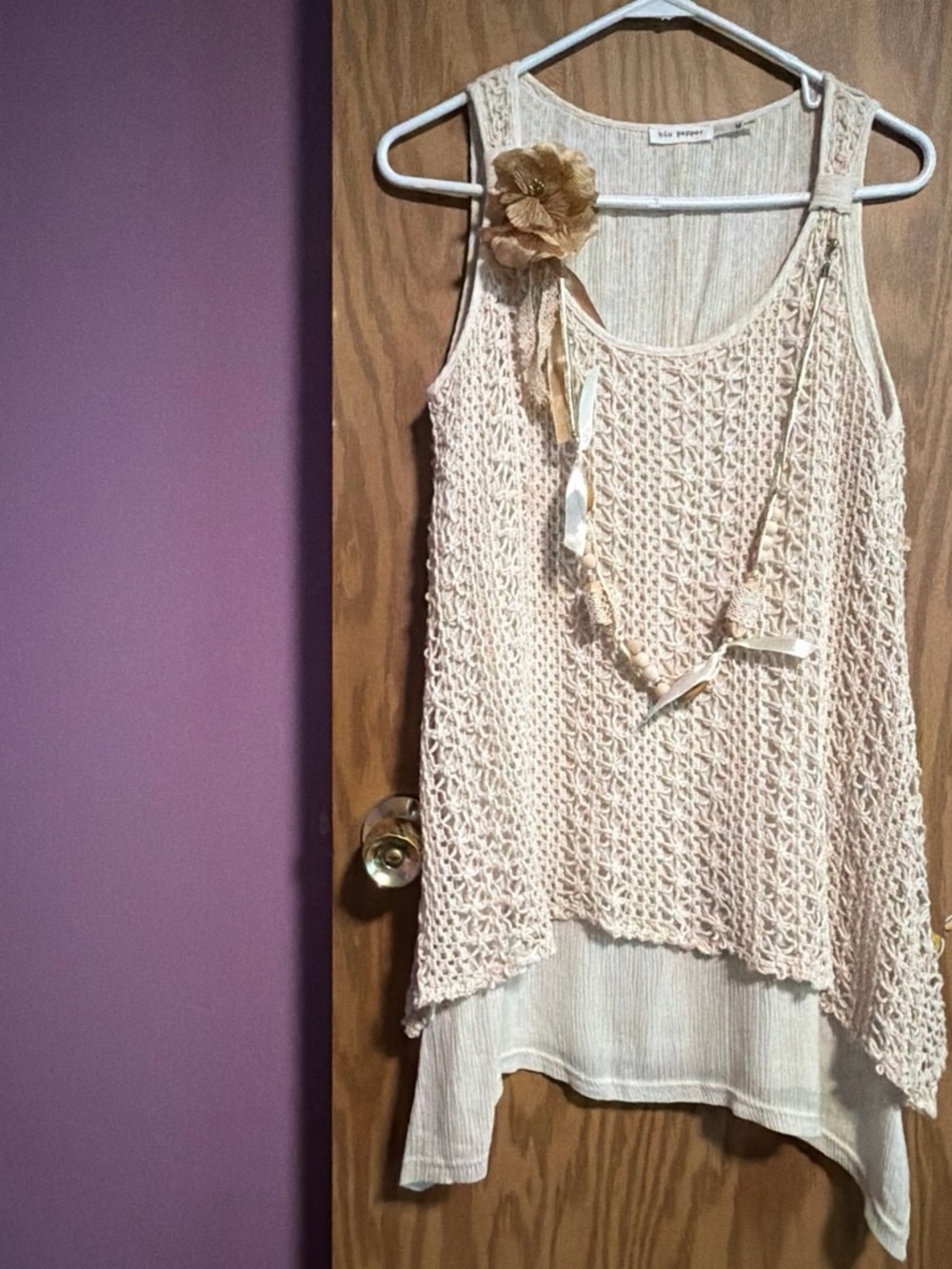 Blu Pepper Beige Crochet Overlay Tank with Floral Accent